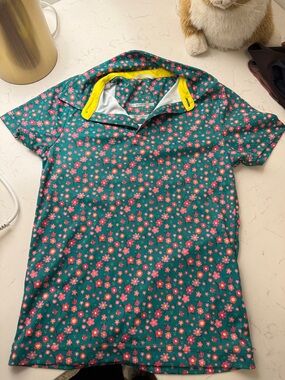 Kids Floral Polo Shirt - Teal with Pink Flowers